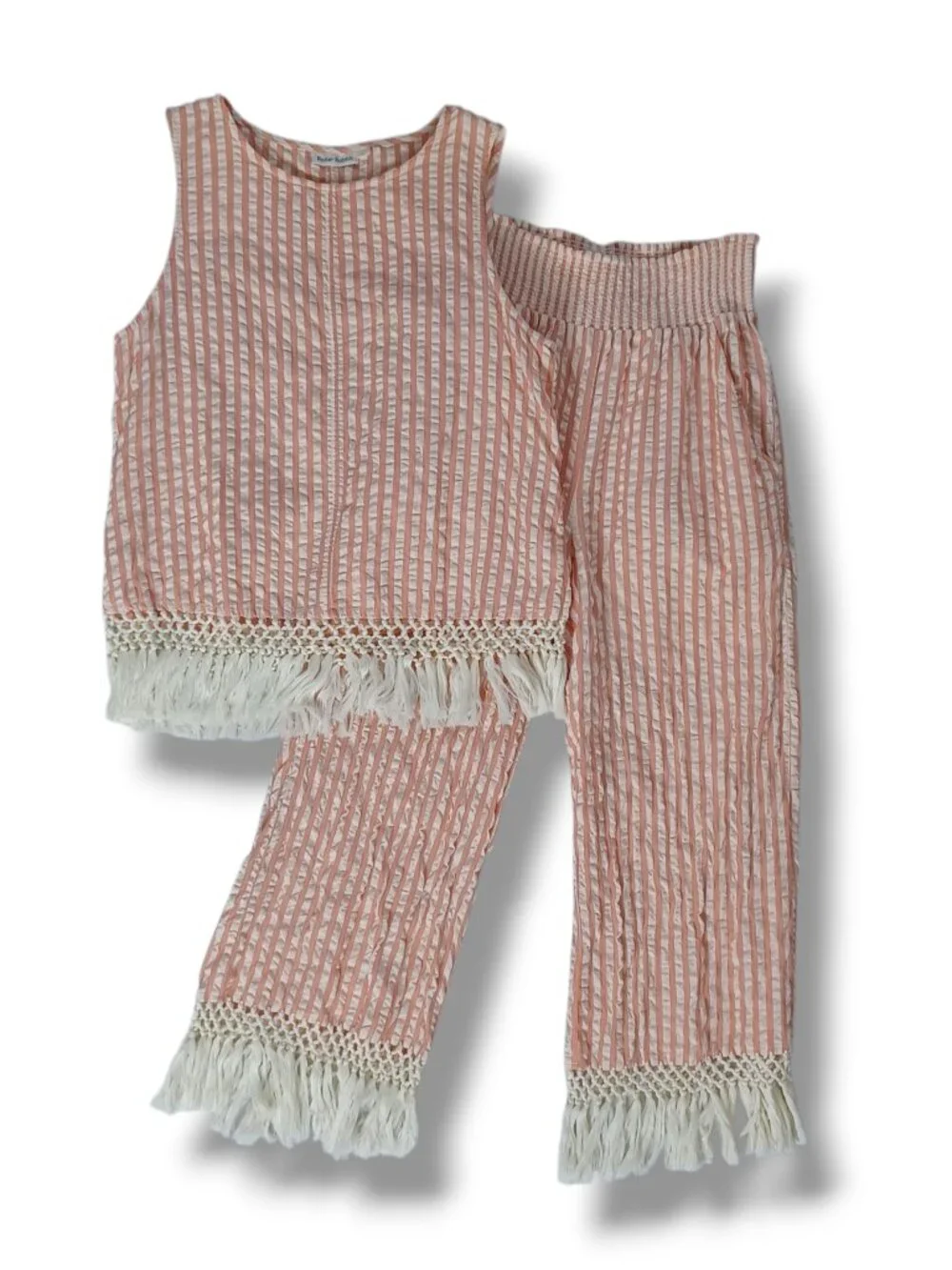 Roller Rabbit Womens Tianna Top And Pants Set Fringe Coral Stripe CoverUp Size M